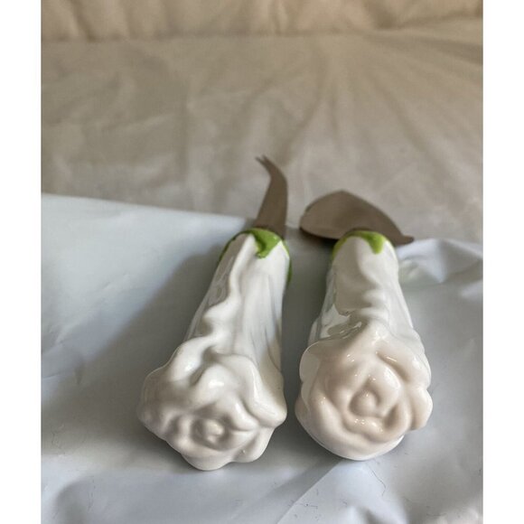 Wedding Cake Server & Knife Set White Rose Bud Floral Handles Stainless Steel - Picture 13 of 15